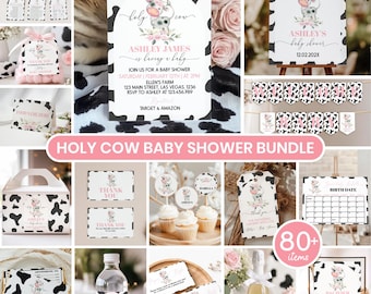 Op de afbeelding: Een baby shower pakket met koeienthema, voorzien van zwart-witte koeienvlekken, roze bloemaccenten en illustraties van een cartoonkoe. De set bevat uitnodigingen, banners, bedankkaartjes, cupcake toppers en diverse decoratieve borden.