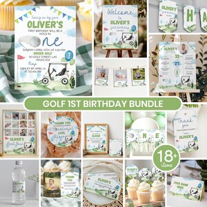 May include: A golf-themed first birthday party bundle featuring invitations, banners, milestone posters, cupcake toppers, and thank you tags. The designs include watercolor illustrations of golf carts, golf balls, and flags with text reading Oliver's first birthday and hole in one.