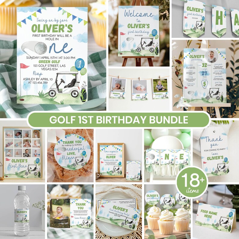 May include: A golf-themed first birthday party bundle featuring invitations, banners, milestone posters, cupcake toppers, and thank you tags. The designs include watercolor illustrations of golf carts, golf balls, and flags with text reading Oliver's first birthday and hole in one.