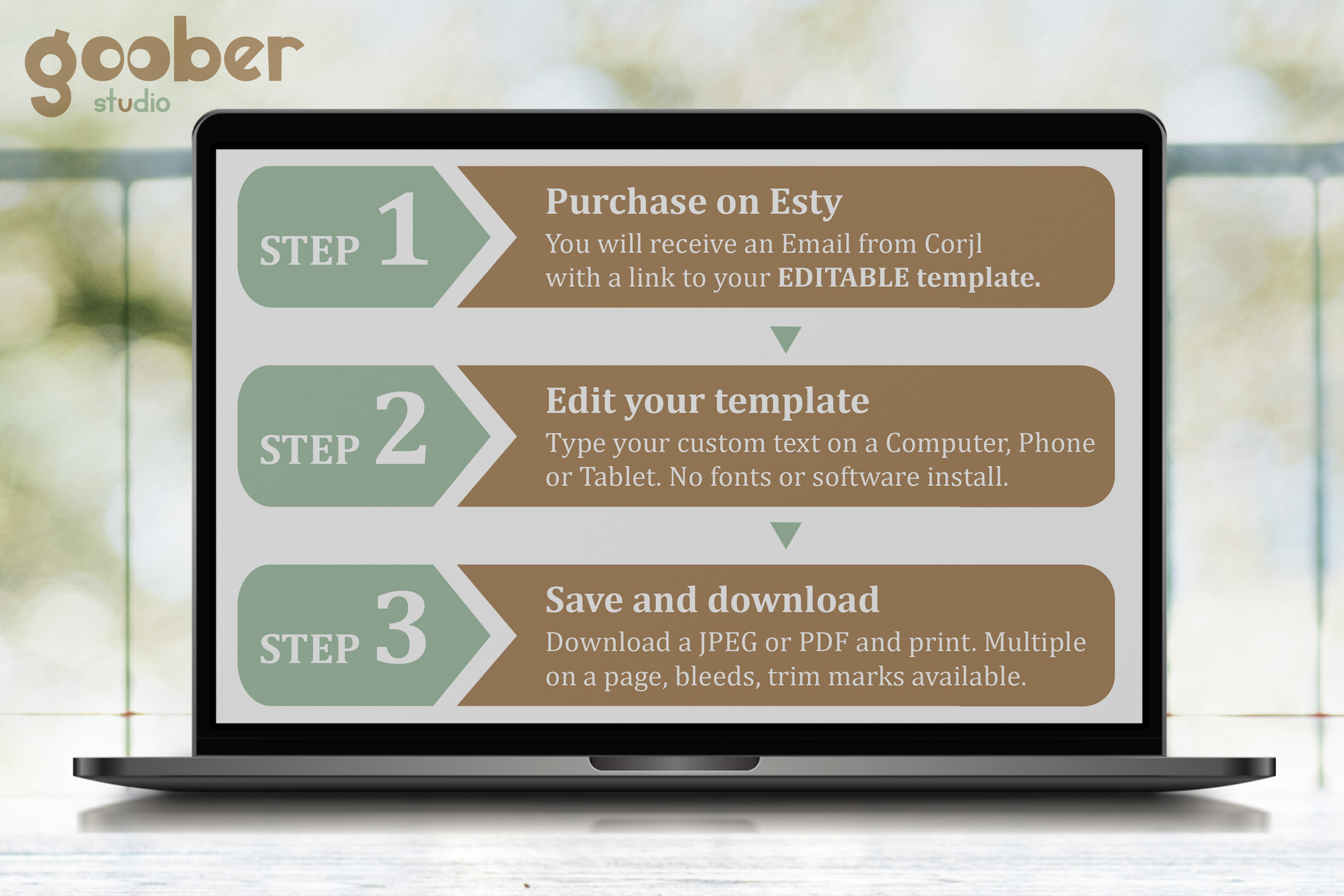 May include: A laptop screen displaying a three-step instructional graphic for a digital template. The text reads: Step 1 Purchase on Esty, Step 2 Edit your template, and Step 3 Save and download, with additional details about Corjl and file formats.