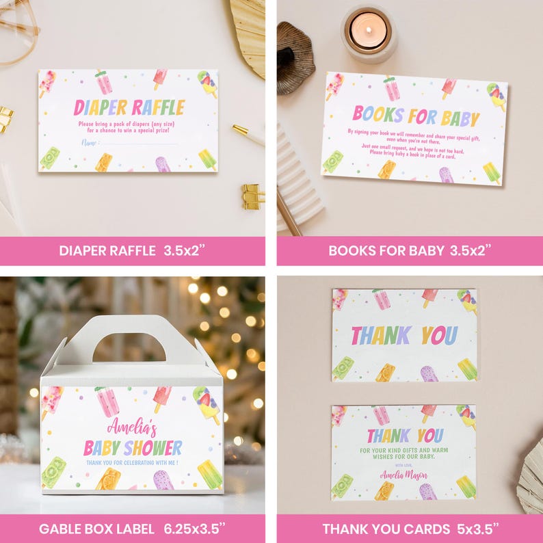 May include: A set of baby shower stationery featuring popsicle illustrations and pastel text. Includes a 3.5x2 inch diaper raffle card, a 3.5x2 inch books for baby card, a 6.25x3.5 inch gable box label, and 5x3.5 inch thank you cards with Amelia's name.