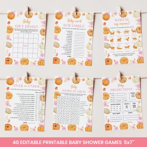 May include: Six printable baby shower games, including bingo, word scramble, and predictions, are displayed. Each card features a pumpkin and floral design. The text "Baby" is at the top of each card. The bottom of the image reads "40 EDITABLE PRINTABLE BABY SHOWER GAMES 5x7".