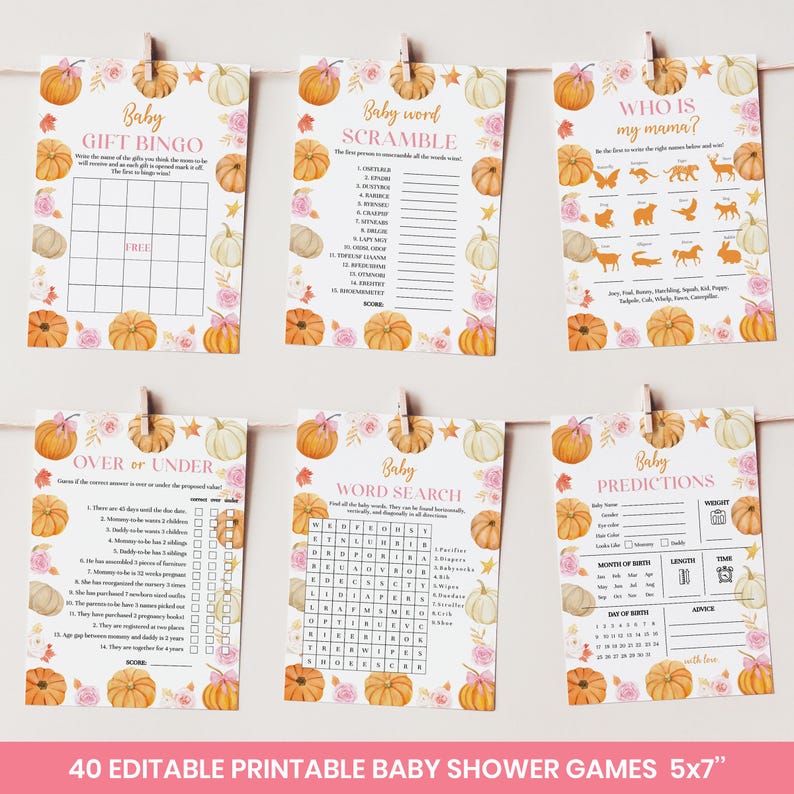 May include: Six printable baby shower games, including bingo, word scramble, and predictions, are displayed. Each card features a pumpkin and floral design. The text "Baby" is at the top of each card. The bottom of the image reads "40 EDITABLE PRINTABLE BABY SHOWER GAMES 5x7".