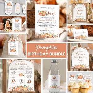 編集可能な小さなカボチャの1歳の誕生日セット、秋の1歳の誕生日パーティーキット、ボヘミアン風カボチャの招待状パーティーパッケージ、印刷可能なテンプレート。#P004