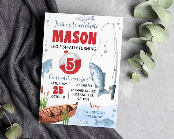 EDITABLE Fishing Birthday Invitation, O-Fish-Ally Five Birthday Invitation, Boy 5th Birthday Invite, Fishing Birthday Party, Printable. F011