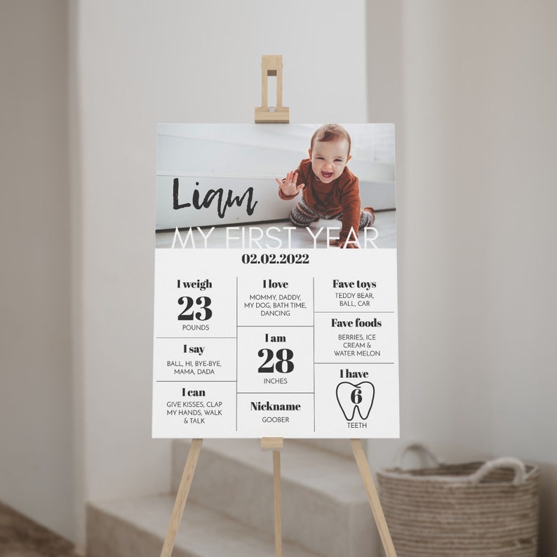 EDITABLE First Birthday Milestone Sign, Modern 1st Birthday Milestone Poster, One Year Photo Baby Milestone Board, Printable Template. M004 image 5