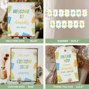 May include: A collection of baby shower stationery featuring popsicle illustrations. Includes a 16x20 inch welcome sign, an 8x5.2 inch banner, an 8x10 inch custom sign, and a 2x3.5 inch thank you tag. All items display colorful popsicle graphics.
