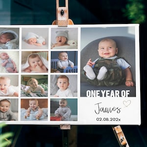 May include: A rectangular photo collage canvas featuring twelve individual images of a baby in various poses and outfits. The text reads ONE YEAR OF James with a heart icon and the date 02.08.202x printed in black on a white background.