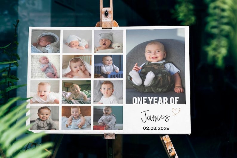 May include: A rectangular photo collage canvas featuring twelve individual images of a baby in various poses and outfits. The text reads ONE YEAR OF James with a heart icon and the date 02.08.202x printed in black on a white background.