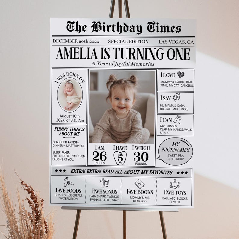 May include: A white birthday milestone poster titled The Birthday Times, featuring a central photo of a baby, birth details, favourite foods, songs, books, and toys. The text includes Amelia Is Turning One, I Am 26 inches, and I Weigh 30 pounds.