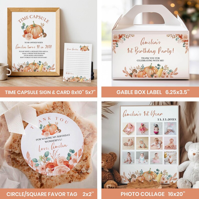 May include: A collection of party stationery featuring pumpkin and floral illustrations. Includes a time capsule sign and card, a gable box label, a circular favor tag, and a photo collage poster, all displaying text such as Amelia's 1st Birthday Party.