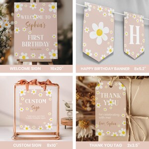 May include: A collection of party decorations featuring a dusty pink background with white daisy patterns. Includes a 16x20 inch welcome sign, a banner with letters, an 8x10 inch custom sign, and a 2x3.5 inch thank you tag with white text.