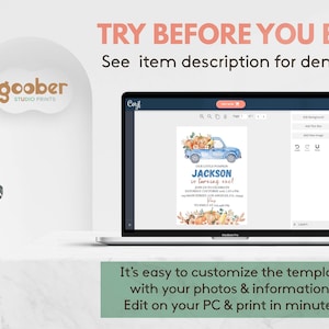 May include: A laptop screen displays a customizable birthday invitation template featuring a blue truck carrying pumpkins. Text on the screen reads TRY BEFORE YOU BUY! See item description for demo link. Below, text reads It's easy to customize the template with your photos & information. Edit on your PC & print in minutes.