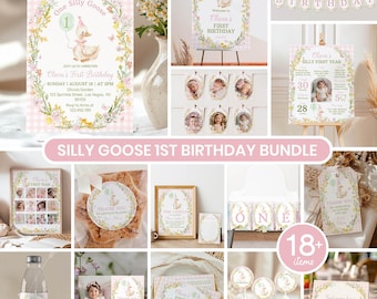 Editable One Silly Goose Birthday Invitation & Party Decor Birthday Bundle – Pink Girl 1st Birthday Kit with Banners, Posters, Tags. G008