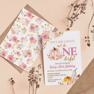 May include: A birthday invitation card and matching envelope liner featuring a floral pattern of pink and white roses with orange leaves. The card text reads: ISN'T SHE LOVELY, isn't she ONEderful, JOIN US TO CELEBRATE Emily's First Birthday, SATURDAY | OCTOBER 10TH | AT 3PM, PUMPKIN GARDEN, 123 MAIN STREET, BOSTON, FL.1256, RSVP TO JESSICA AT 123.456.678.