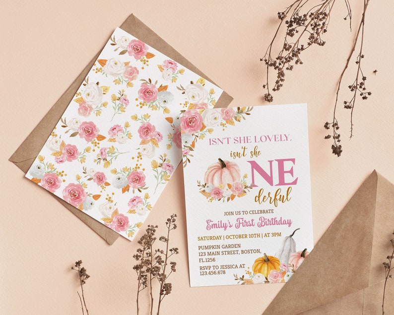 May include: A birthday invitation card and matching envelope liner featuring a floral pattern of pink and white roses with orange leaves. The card text reads: ISN'T SHE LOVELY, isn't she ONEderful, JOIN US TO CELEBRATE Emily's First Birthday, SATURDAY | OCTOBER 10TH | AT 3PM, PUMPKIN GARDEN, 123 MAIN STREET, BOSTON, FL.1256, RSVP TO JESSICA AT 123.456.678.