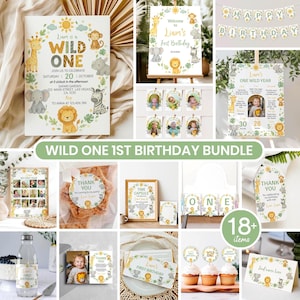 Editable Wild One Theme Birthday Party Package, Safari 1st Birthday Invitation Bundle, Wild One Birthday Set, Printable Templates. A012