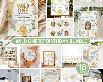 Editable Wild One Birthday Party Package, Safari 1st Birthday Invitation Bundle, Wild One Theme Birthday Set, Printable Templates. A012