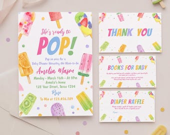 EDITABLE Popsicle Baby Shower Invitation Set, She's Ready To Pop Baby Shower Invitation, It's A Girl Baby Shower Invitation, Printables P008