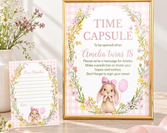 EDITABLE Wildflower 1st Birthday Time Capsule Template, Bunny Birthday Party Time Capsule Sign, Floral Birthday Decor, Printable. R017