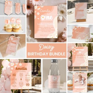 May include: A daisy-themed birthday party bundle featuring peach-colored stationery, including invitations, cupcake toppers, favor tags, food labels, a welcome sign, a milestone poster, water bottle labels, and thank you cards with white daisy graphics.