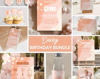 Daisy 1st Birthday Invitation Bundle, Little Miss Onederful Birthday Kit, Boho Daisy Birthday Party Package Printable. D003
