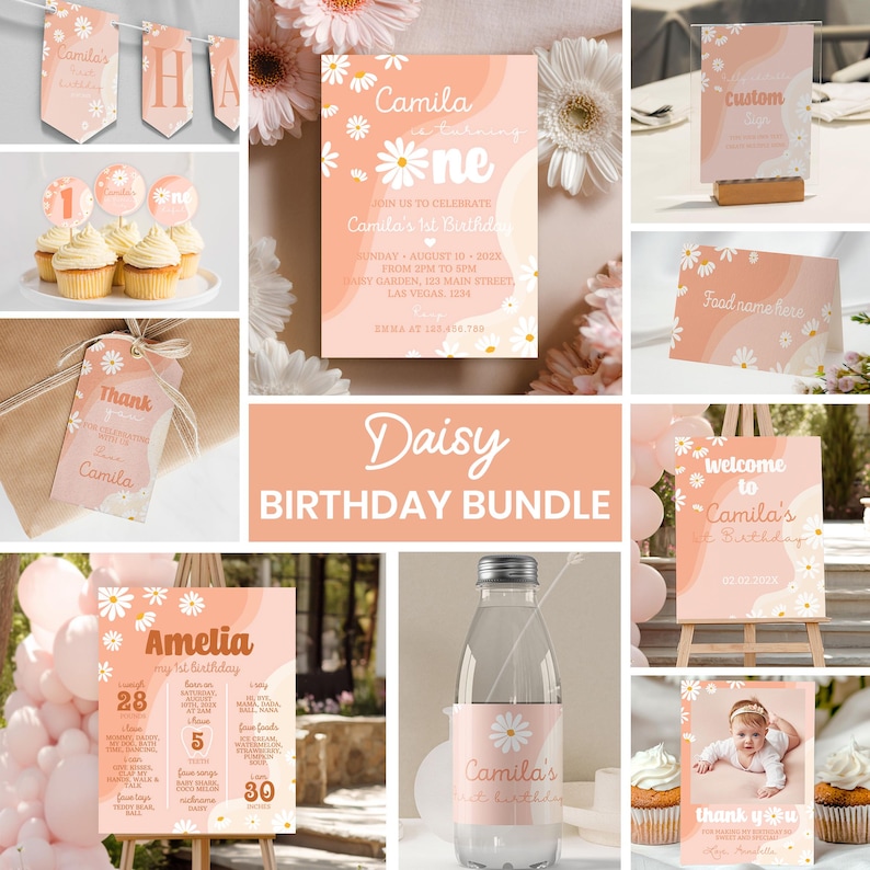 May include: A daisy-themed birthday party bundle featuring peach-colored stationery, including invitations, cupcake toppers, favor tags, food labels, a welcome sign, a milestone poster, water bottle labels, and thank you cards with white daisy graphics.