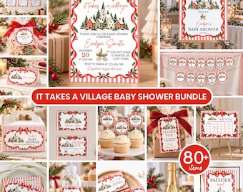 Paquete para baby shower "Se necesita una comunidad" / Plantillas para baby shower navideño / Decoración para baby shower "Pueblo invernal" / Kit editable para baby shower navideño