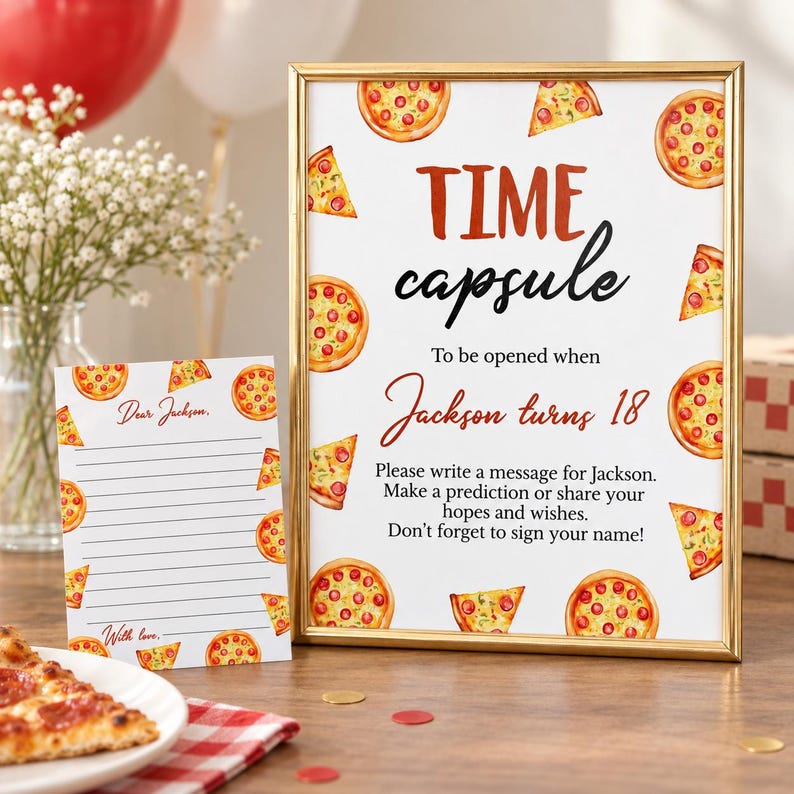 Pu&ograve; includere: Un cartello con cornice dorata e un biglietto abbinato con un motivo a pizza. Il cartello recita: TIME capsule To be opened when Jackson turns 18. Please write a message for Jackson. Make a prediction or share your hopes and wishes. Don't forget to sign your name!