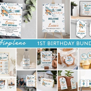 Editable Airplane Birthday Invitation Bundle, Airplane Birthday Party Decor Kit, Time Flies First Birthday Package, Instant Download. A001