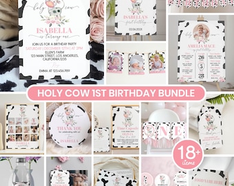 May include: A Holy Cow themed first birthday party decoration bundle featuring cow print patterns, pink floral accents, and illustrations of a cartoon cow. The set includes invitations, banners, milestone boards, thank you tags, and cupcake toppers.
