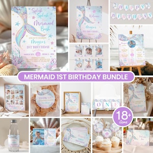 Editable Mermaid Birthday Invitation Bundle, Under The Sea Birthday Party Decorations Kit, Girl Birthday Bundle Package, Printable