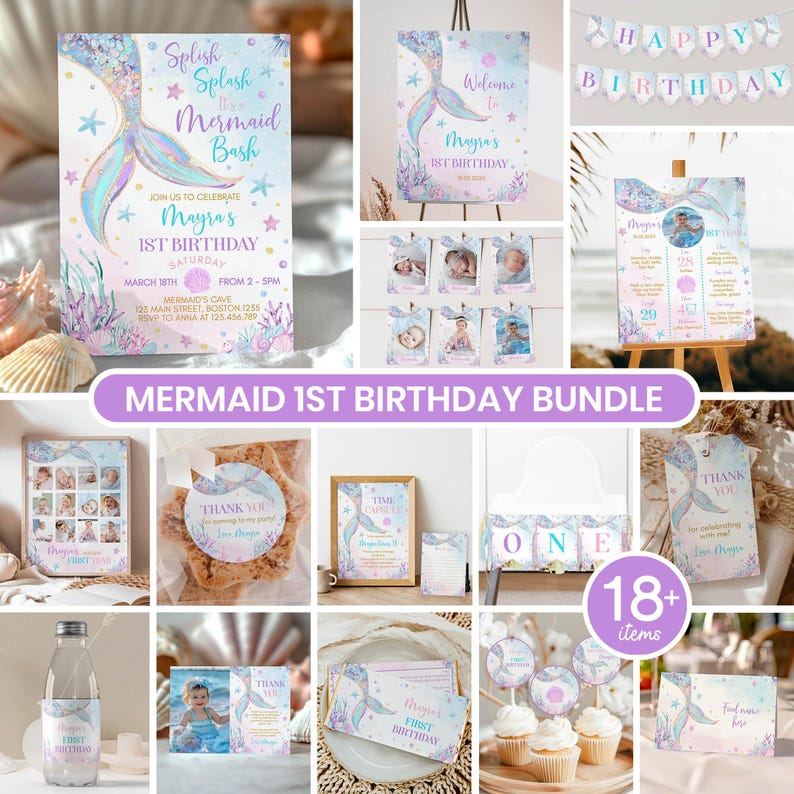 Editable Mermaid Birthday Invitation Bundle, Under The Sea Birthday Party Decorations Kit, Girl Birthday Bundle Package, Printable