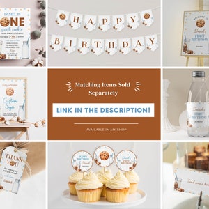 May include: A set of printable party decorations for a first birthday with a cookie and milk theme. The set includes a welcome sign, a banner, a bottle label, a thank you tag, cupcake toppers, and a sign for a food table. The decorations are in blue, brown, and white with a watercolor style.