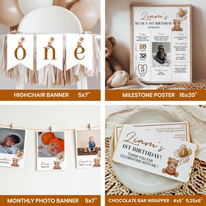 Editable Beary First Birthday Invitation Set, Neutral Bear 1st Birthday Bundle, Teddy Bear Birthday Decor Kit, Instant Download. T004 image 4