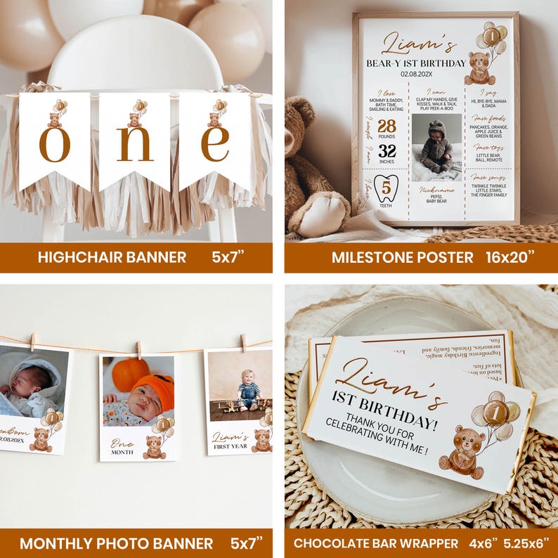 Editable Beary First Birthday Invitation Set, Neutral Bear 1st Birthday Bundle, Teddy Bear Birthday Decor Kit, Instant Download. T004 image 4