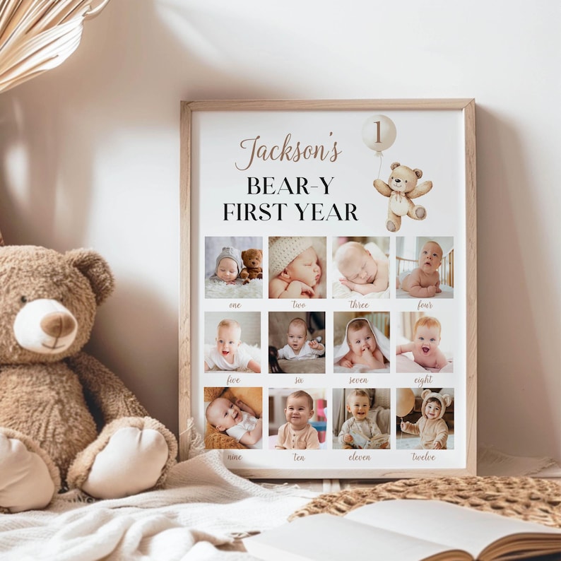 Editable Bear 1st Year Photo Collage, Modern Bear 12 Month Collage, Beary First Birthday Milestone, Keepsake Photo Frame Template