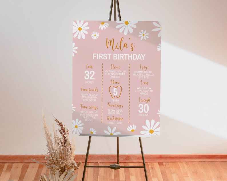 May include: A pink and white first birthday sign with a daisy pattern. The sign lists the child's age, height, weight, favorite foods, songs, toys, and nickname. The text reads "Mila's First Birthday".
