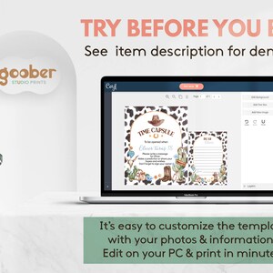 May include: A laptop screen displaying a digital template for a time capsule. The template features a cowboy hat, boots, and a horseshoe on a cowhide background. The text "Time Capsule" and "Clever Turns 18" are visible. The template is customizable with photos and information.