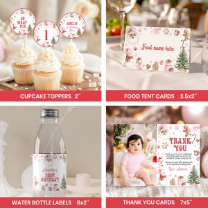 May include: A collection of party supplies with a Christmas theme. Includes cupcake toppers, food tent cards, water bottle labels, and thank you cards. The cupcake toppers are 2 inches in diameter. The water bottle labels are 8x2 inches.