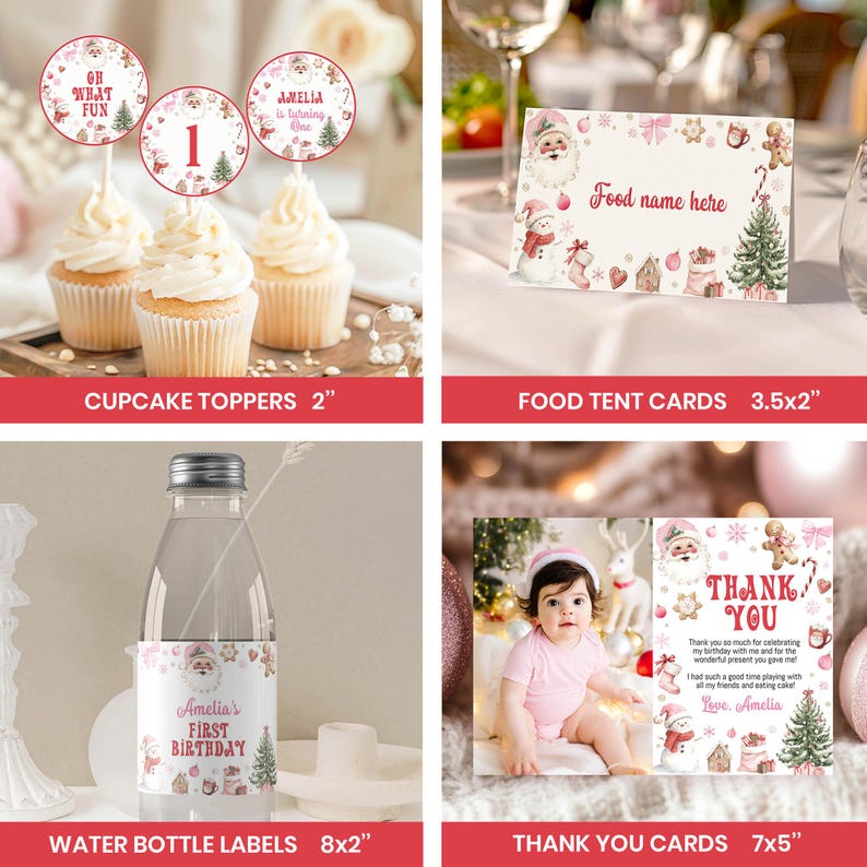 May include: A collection of party supplies with a Christmas theme. Includes cupcake toppers, food tent cards, water bottle labels, and thank you cards. The cupcake toppers are 2 inches in diameter. The water bottle labels are 8x2 inches.