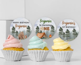 Editable Little Camper Cupcake Toppers, Camping Birthday Party Decorations, Woodland 1st Birthday Cupcake Topper, Printable Template C006
