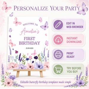 May include: A rectangular birthday sign template featuring watercolor butterflies and floral arrangements in shades of pink and purple. The text reads: "WELCOME TO Amelia's FIRST BIRTHDAY 25.09.202X". Includes icons for web editing, download, and printing.