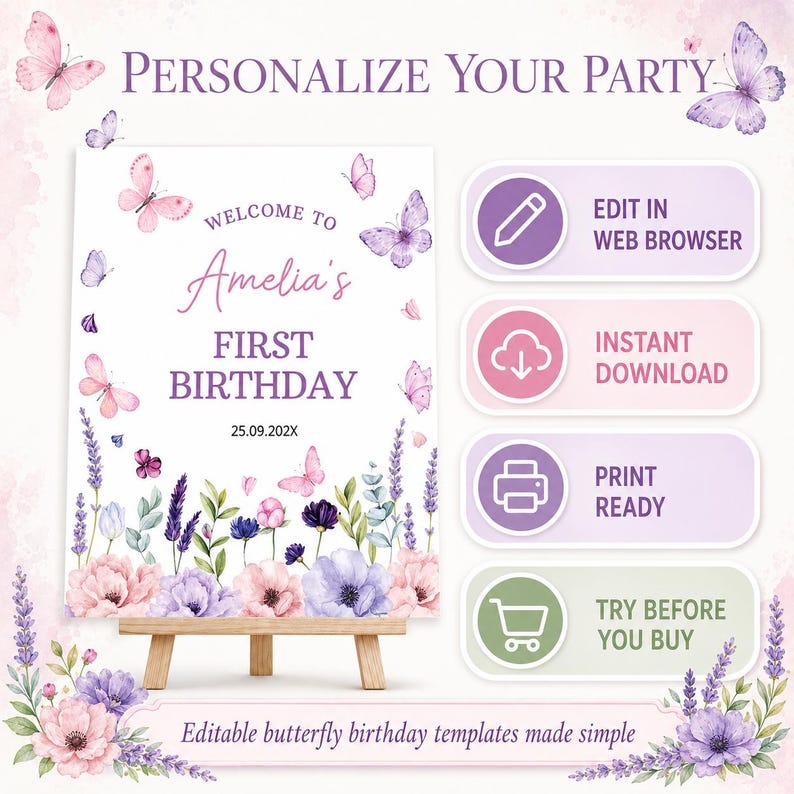 May include: A rectangular birthday sign template featuring watercolor butterflies and floral arrangements in shades of pink and purple. The text reads: "WELCOME TO Amelia's FIRST BIRTHDAY 25.09.202X". Includes icons for web editing, download, and printing.
