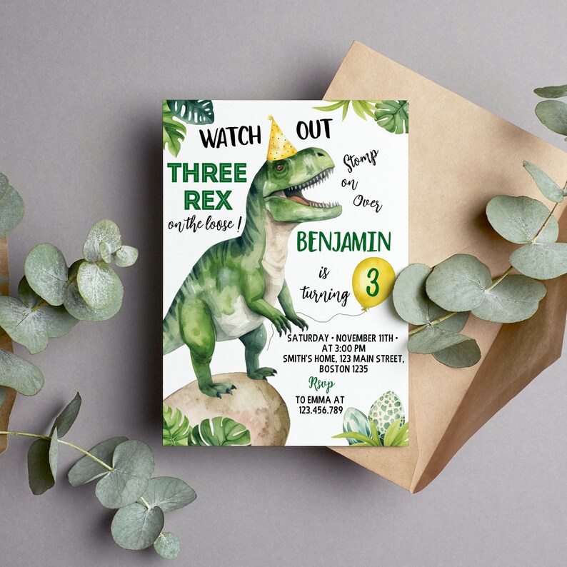 EDITABLE Three Rex Invitation, Dinosaur Birthday Invitation, 3 Rex Birthday Invitation, Three Rex Birthday Invitation, Instant Download D002 image 2