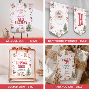 May include: A collection of party decorations with a Christmas theme. Includes a welcome sign (16x20 inches), a banner (8x5.2 inches), a custom sign (8x10 inches), and thank you tags (2x3.5 inches). Each item features illustrations of Santa, snowmen, and Christmas trees.