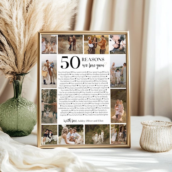 Editable 50 Reasons We Love You Poster, 50th Birthday Gift for Him for Her, Custom Photo Collage Gift, Personalized Printable Template. M004