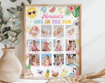 Bearbeitbar Eine in der Sonne Erstes Jahr Fotocollage | Tropischer Sommer Monatliche Fototafel | Pool-Party-Geburtstags-Poster | Sofort Download. S027