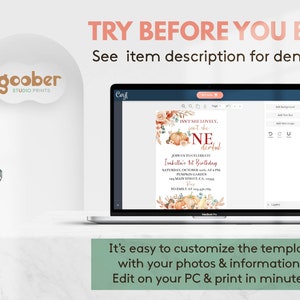 May include: A laptop screen displaying a customisable digital birthday invitation template with pumpkin and floral graphics. The text reads: TRY BEFORE YOU BUY! See item description for demo link. It's easy to customise the template with your photos & information. Edit on your PC & print in minutes.