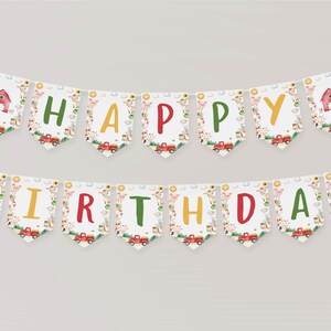 May include: A decorative banner spelling HAPPY BIRTHDAY on individual pennants. Each pennant features a white background with colourful farm-themed illustrations including red barns, red pickup trucks, sunflowers, and various farm animals.